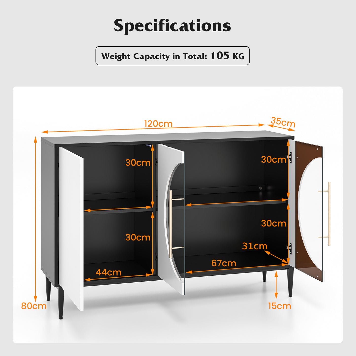 Sideboard Cabinet with Tempered Glass Door-Black &amp; White