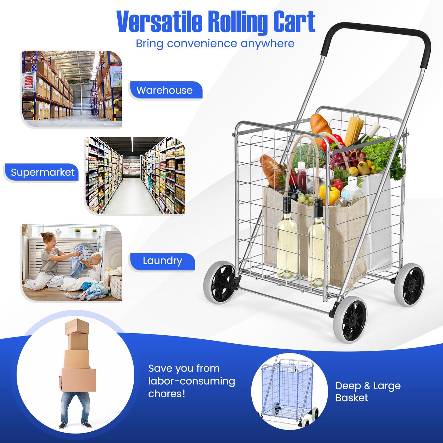Heavy Duty Folding Shopping Cart with 83L Metal Basket-Silver