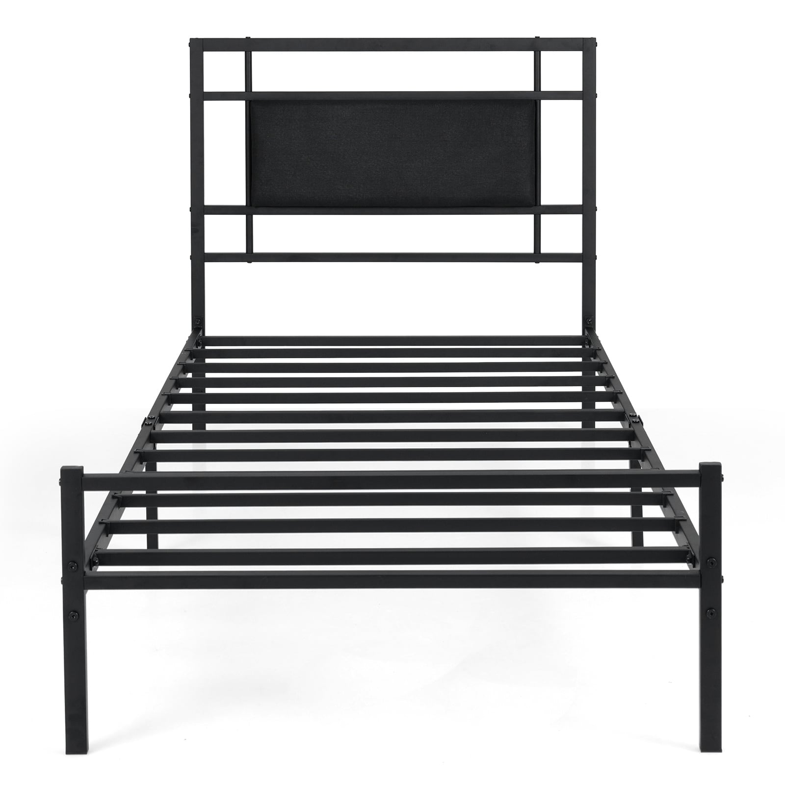 Single Bed Frame with Upholstered Headboard and Metal Slat Support-Black Single Size