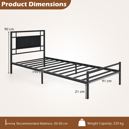 Single Bed Frame with Upholstered Headboard and Metal Slat Support-Black Single Size