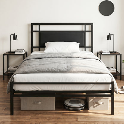 Single Bed Frame with Upholstered Headboard and Metal Slat Support-Black Single Size