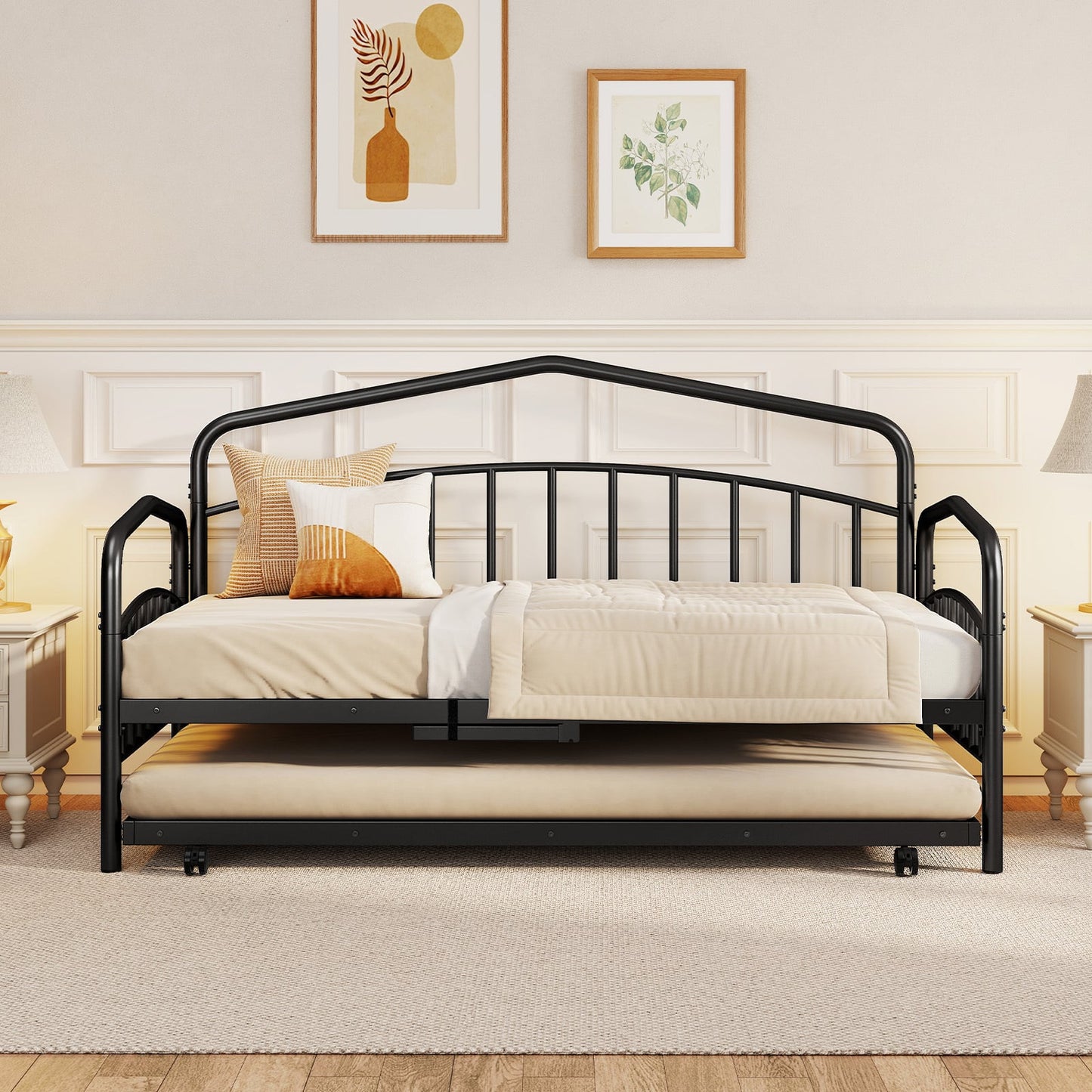 Single Daybed with Rolling Trundle & Lockable Wheels No Box Spring for Bedoom
