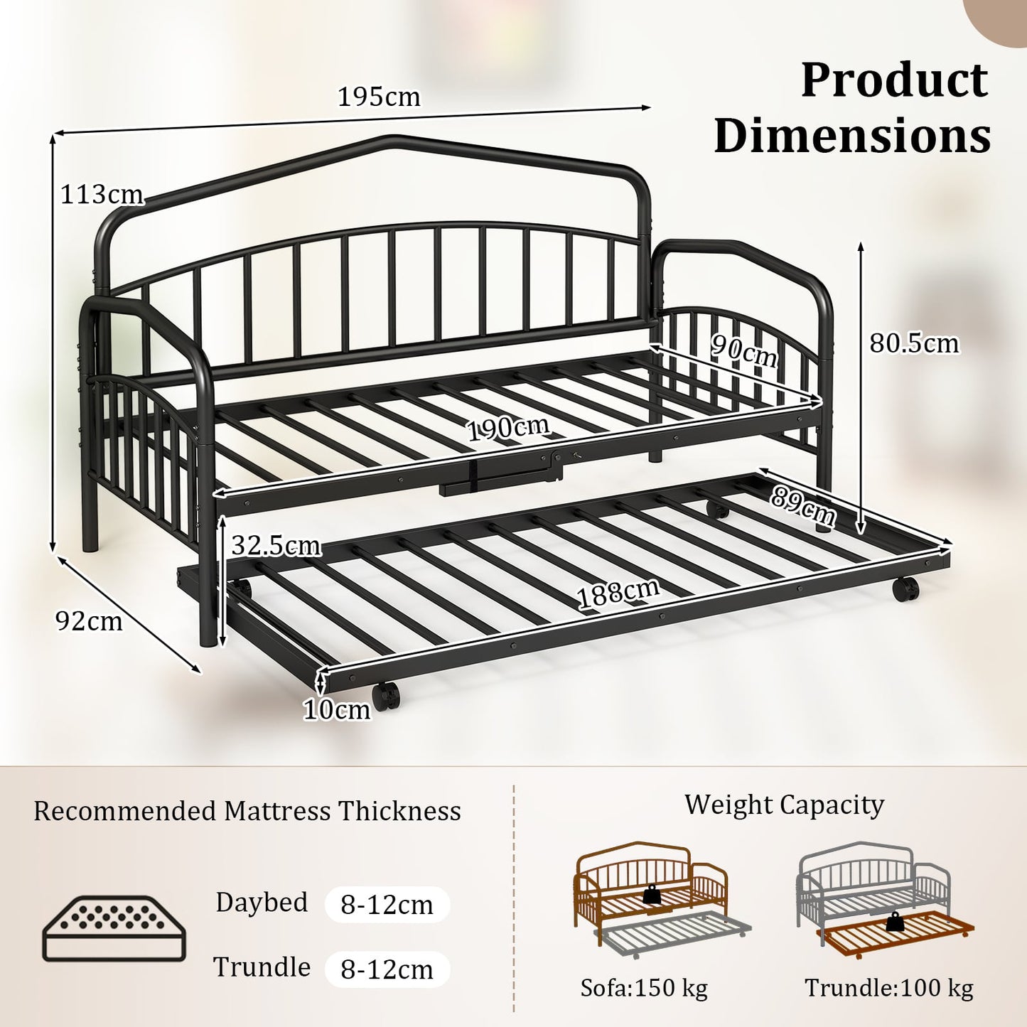 Single Daybed with Rolling Trundle & Lockable Wheels No Box Spring for Bedoom