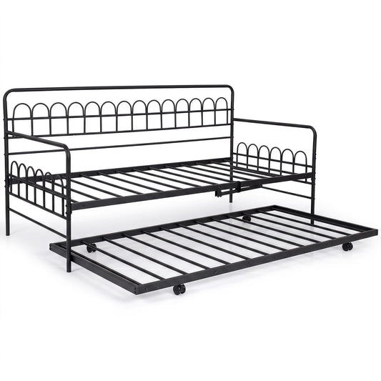 Single Daybed with Trundle and Curved Backrest and Armrests No Box Spring Needed-Black