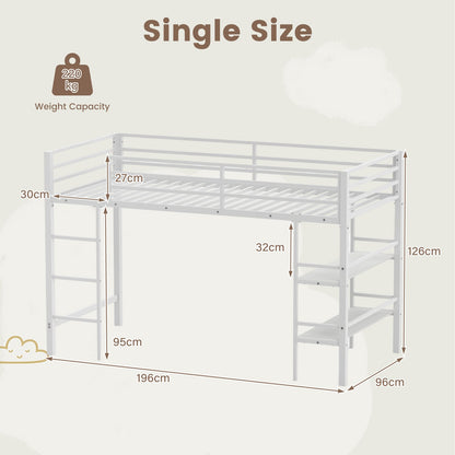 Single Metal Loft Bed with Storage Shelves and Guardrails and Ladder-White
