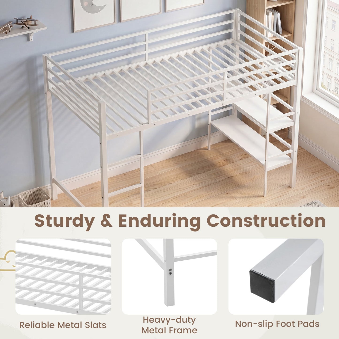 Single Metal Loft Bed with Storage Shelves and Guardrails and Ladder-White