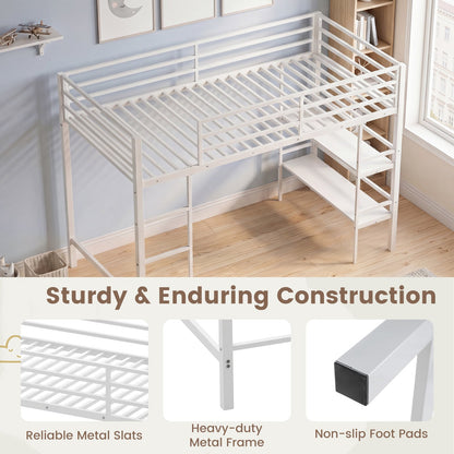 Single Metal Loft Bed with Storage Shelves and Guardrails and Ladder-White