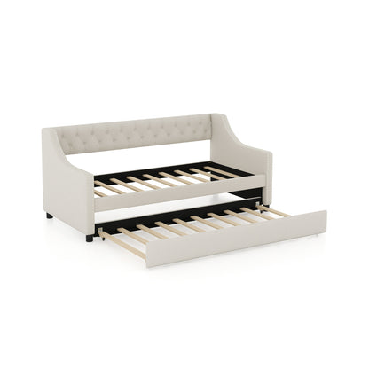 Single Size Trundle Bed Linen Upholstered Daybed with Backrest-Beige