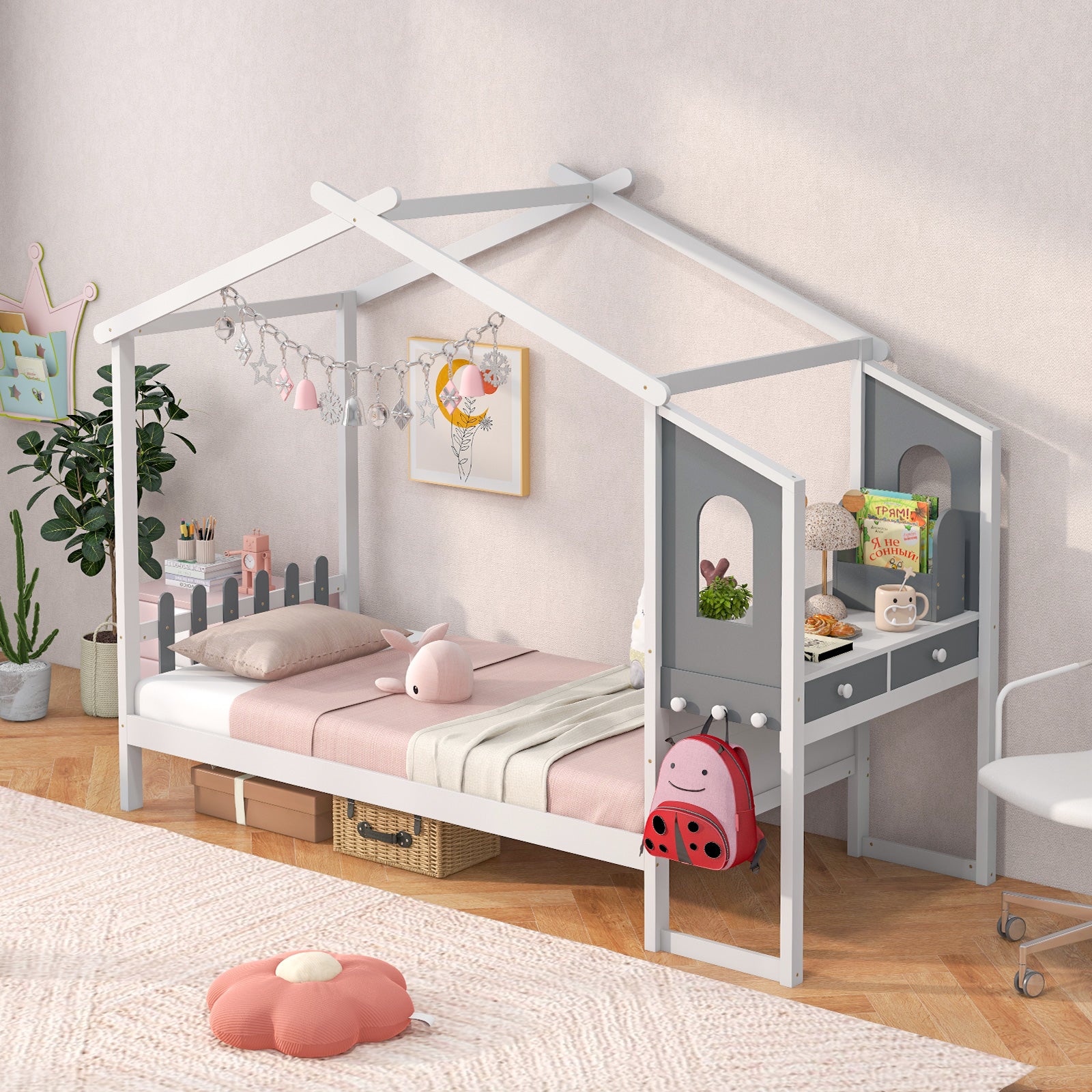 Single/Double House Bed Wood Montessori Bed Frame with Desk-Single Size