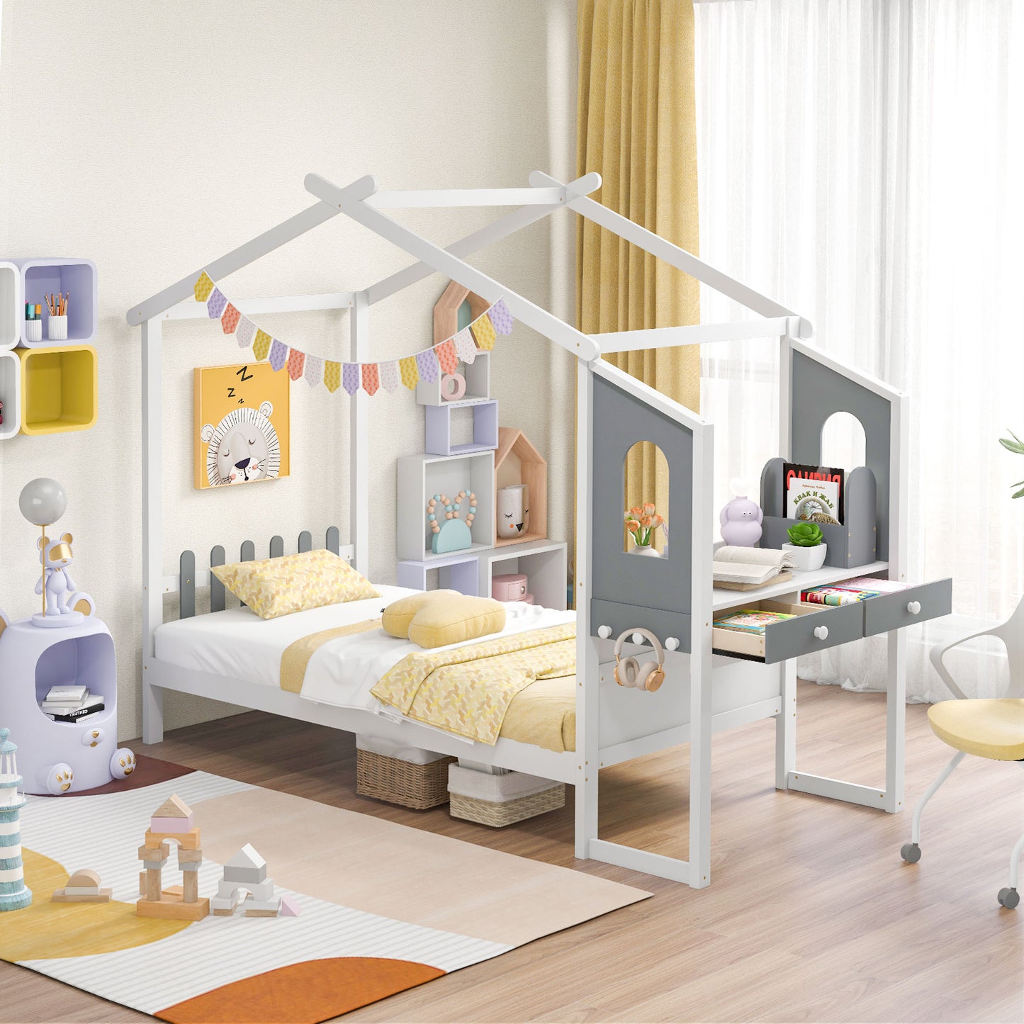 Single/Double House Bed Wood Montessori Bed Frame with Desk-Single Size