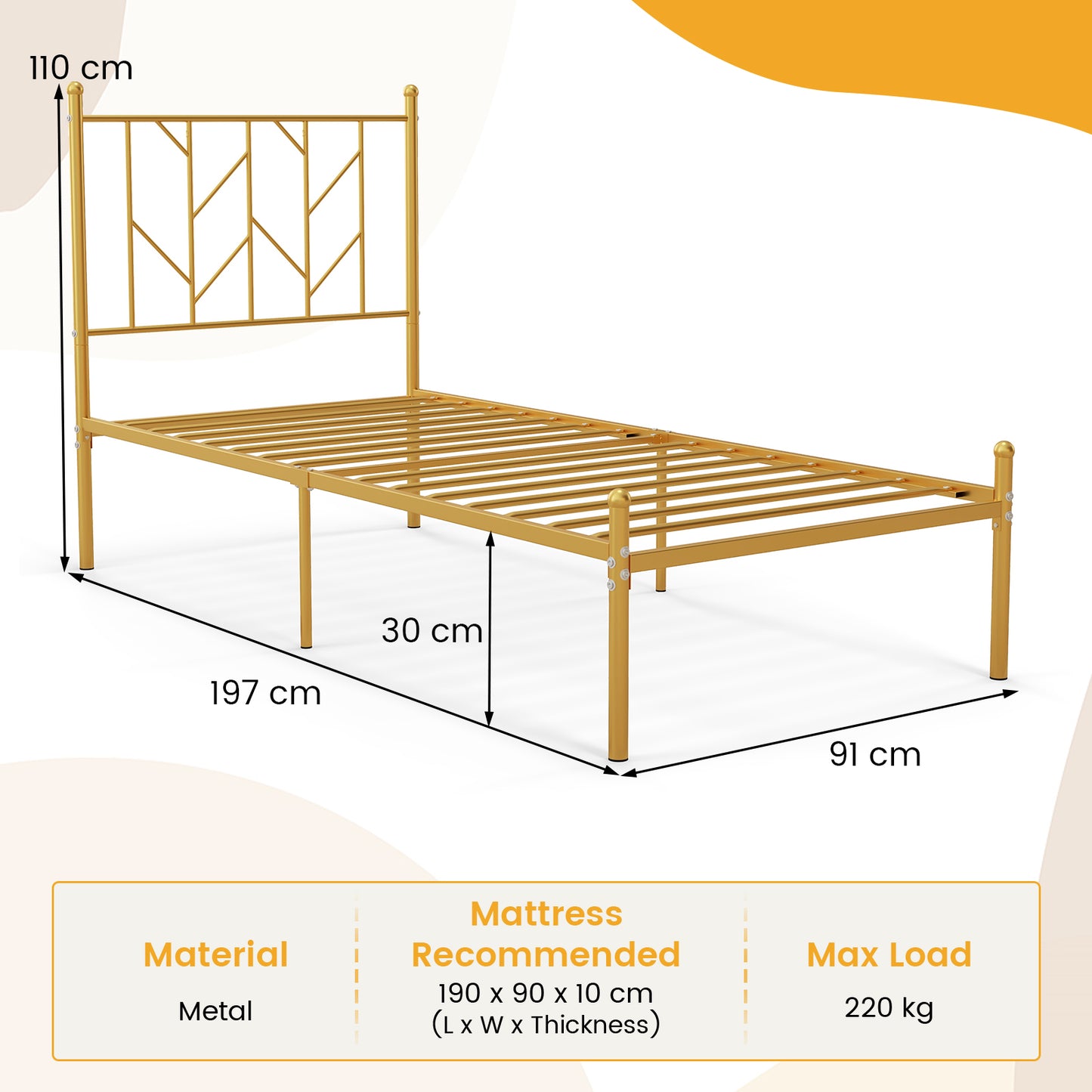 Single/Double Metal Platform Bed Frame with Headboard Black Golden-Single Size