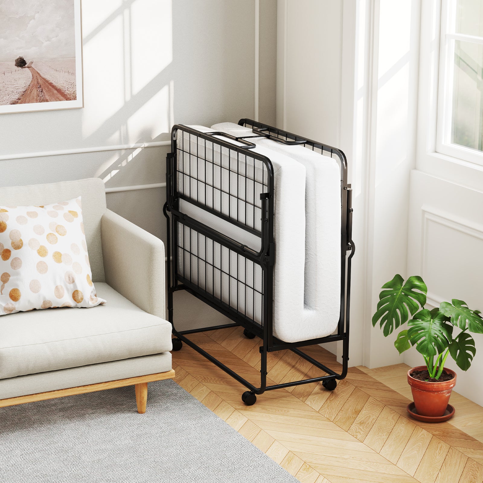 Single Size Folding Bed with Mattress and Lockable Wheels