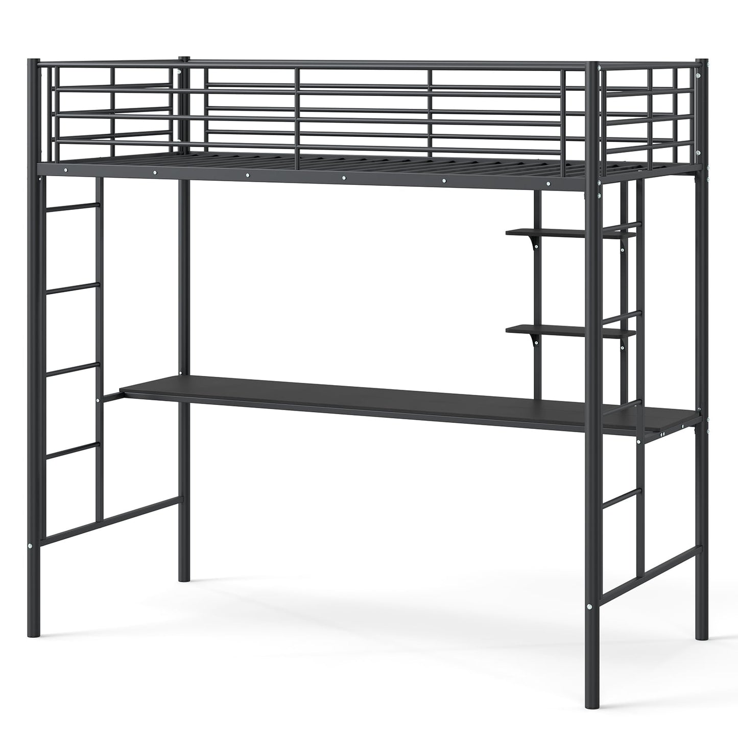 Single Size Loft Bed with Desk and Shelves Metal Loft Bed Frame-Black