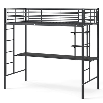 Single Size Loft Bed with Desk and Shelves Metal Loft Bed Frame-Black