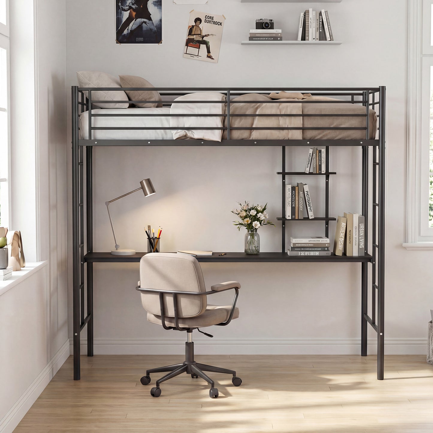 Single Size Loft Bed with Desk and Shelves Metal Loft Bed Frame-Black