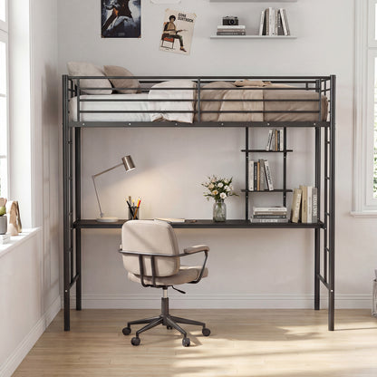 Single Size Loft Bed with Desk and Shelves Metal Loft Bed Frame-Black