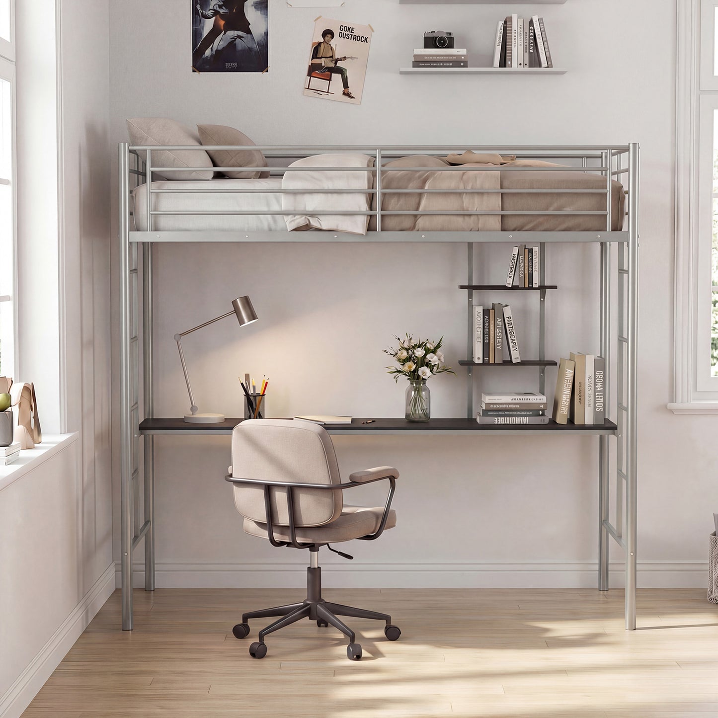 Loft Bed with Desk and Shelves Metal Loft Bed Frame-Silver