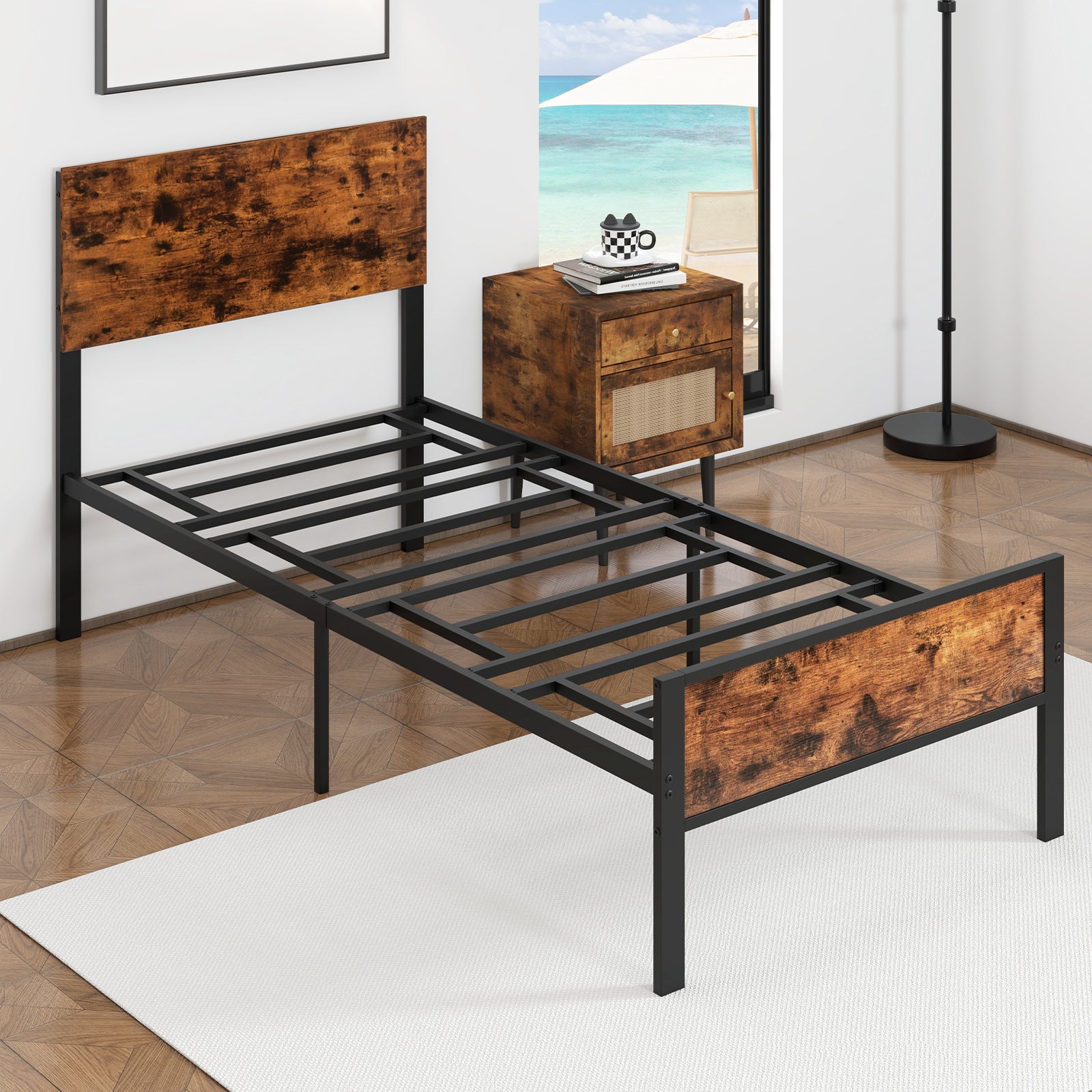 Metal Platform Bed with Headboard and Footboard-Brown-Single Size