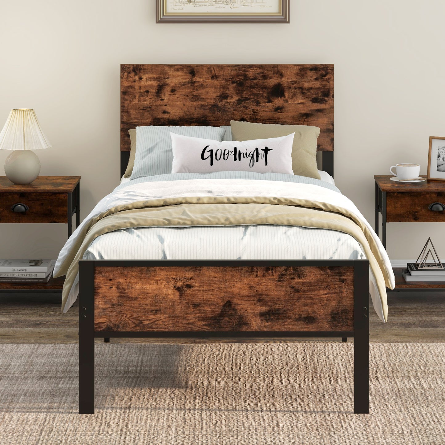 Metal Platform Bed with Headboard and Footboard-Brown-Single Size
