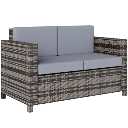 Outsunny Rattan Sofa, 2 Seater Garden Furniture with Soft Padded Cushion and Armrests, Wicker Garden Loveseat for Patio, Mixed Grey