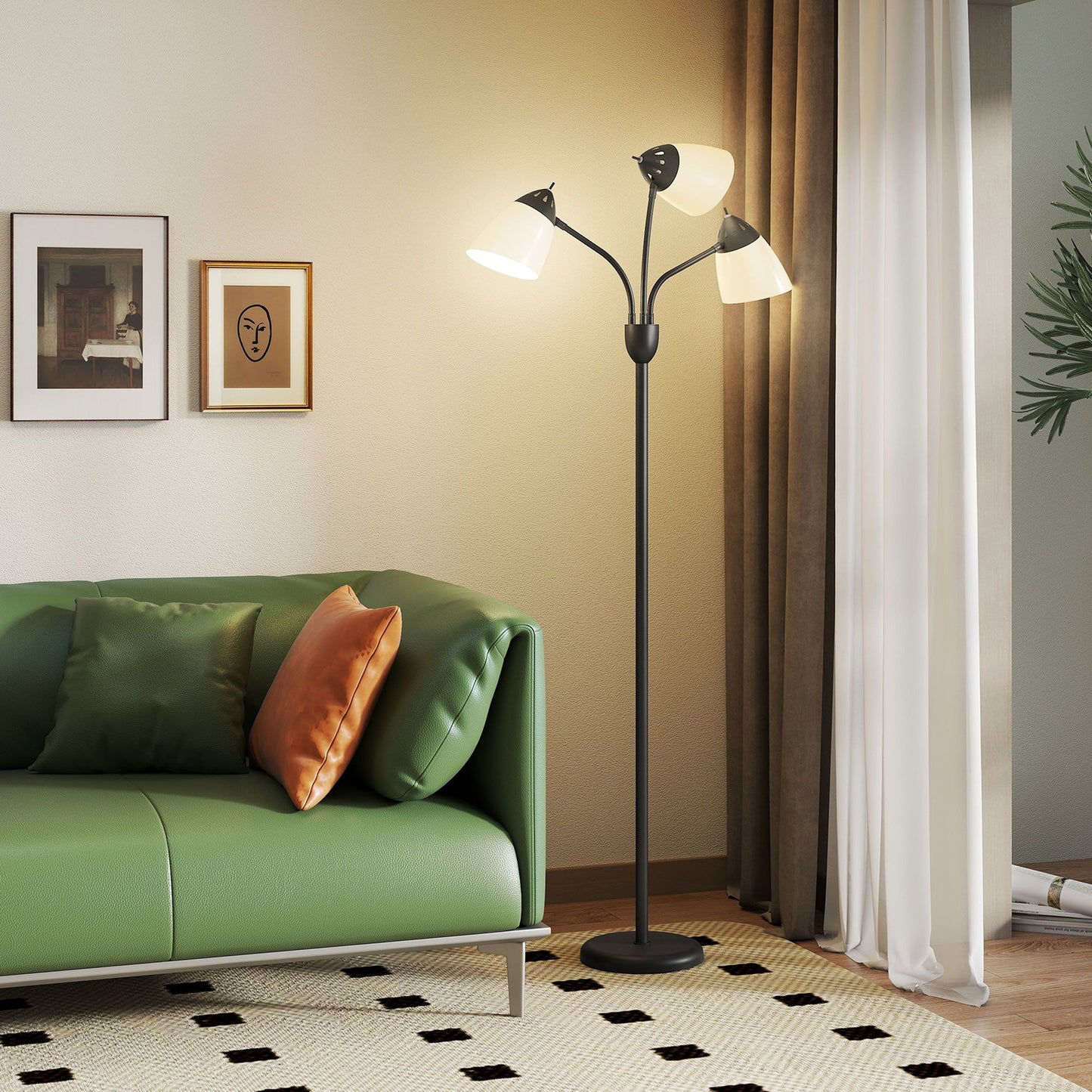 HOMCOM Arc Tree Floor Lamp with 3 Adjustable Rotating Lights and 3000K/4500K/6500K Colour Temperatures, Industrial Standing Lamp with Steel Frame for Bedroom Living Room, 155cm, Black