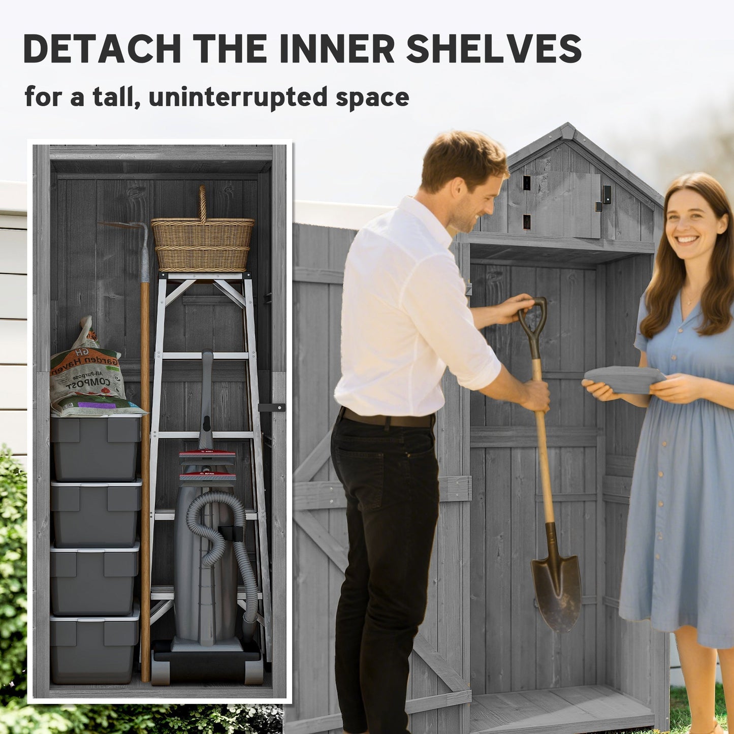 Outsunny Wooden Garden Shed, Utility Outdoor Small Shed with Lockable Double Doors, Shelves and Roof Hatch, Grey