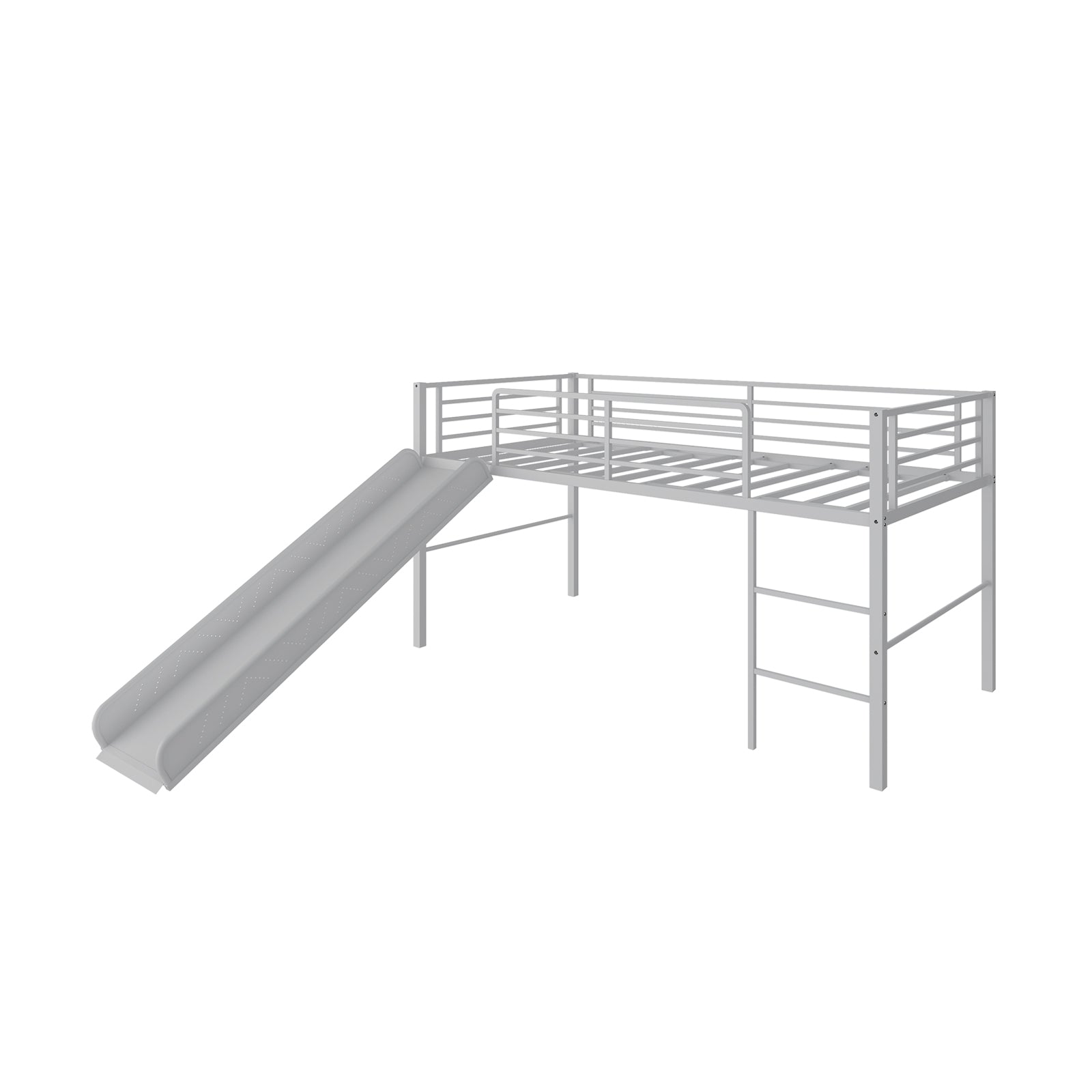 Sliding Loft Children Single Bed with Stairs and Safety Guardrails-Silver