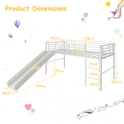 Sliding Loft Children Single Bed with Stairs and Safety Guardrails-Silver