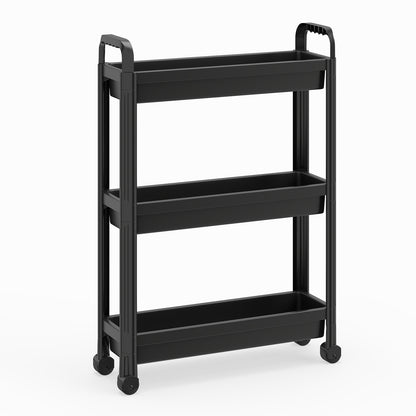 Slim Rolling Storage Cart 3-Tier Bathroom Organizer with Handles and Wheels-Black