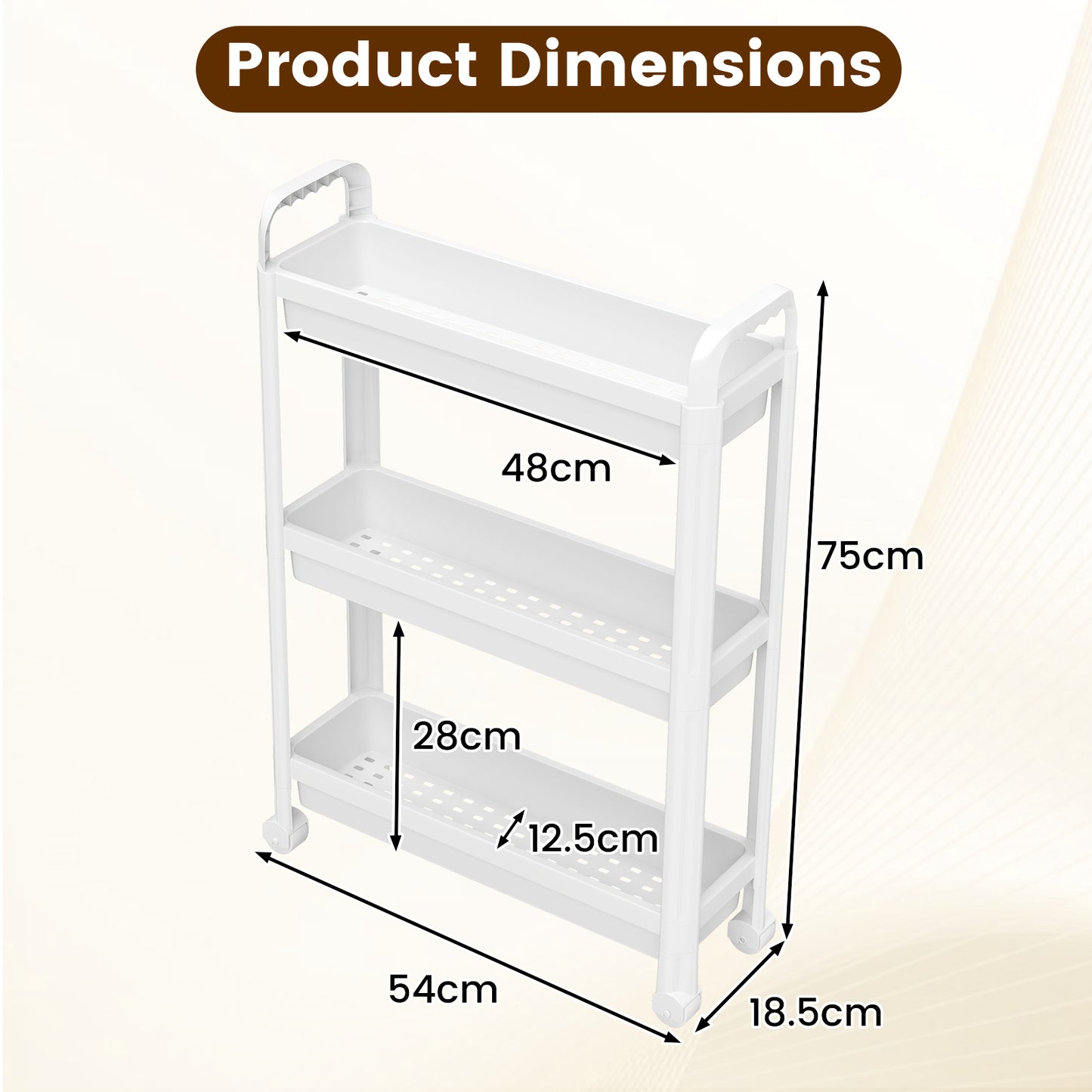 Slim Rolling Storage Cart 3-Tier Bathroom Organizer with Handles and Wheels-White