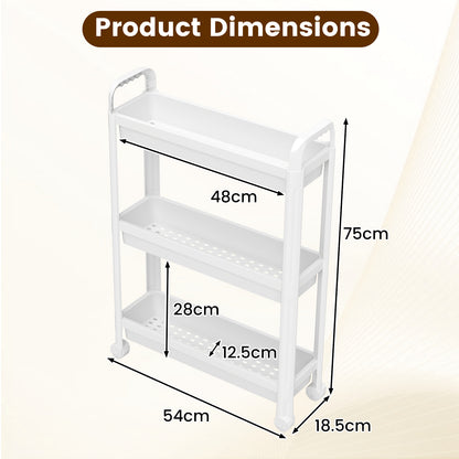 Slim Rolling Storage Cart 3-Tier Bathroom Organizer with Handles and Wheels-White