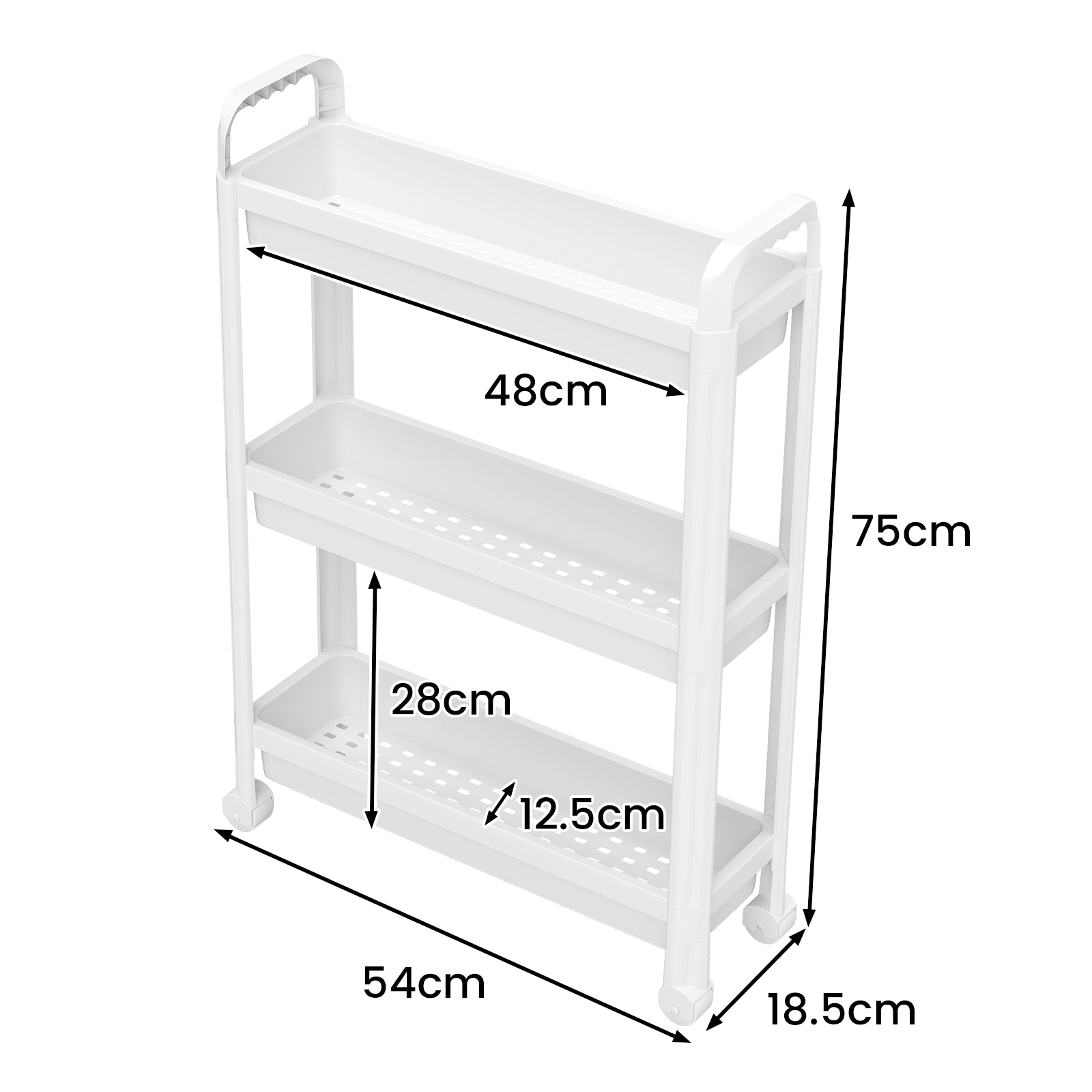 Slim Rolling Storage Cart 3-Tier Bathroom Organizer with Handles and Wheels-White