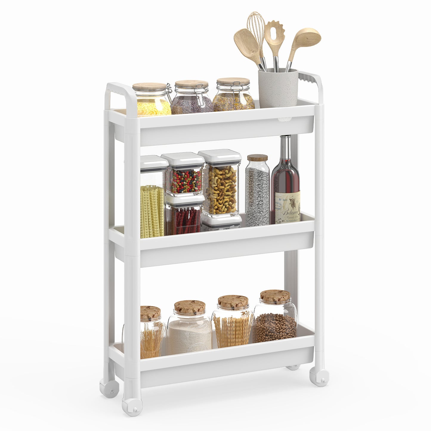 Slim Rolling Storage Cart 3-Tier Bathroom Organizer with Handles and Wheels-White