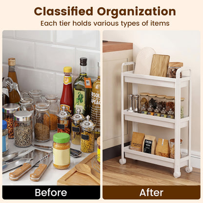 Slim Rolling Storage Cart 3-Tier Bathroom Organizer with Handles and Wheels-White