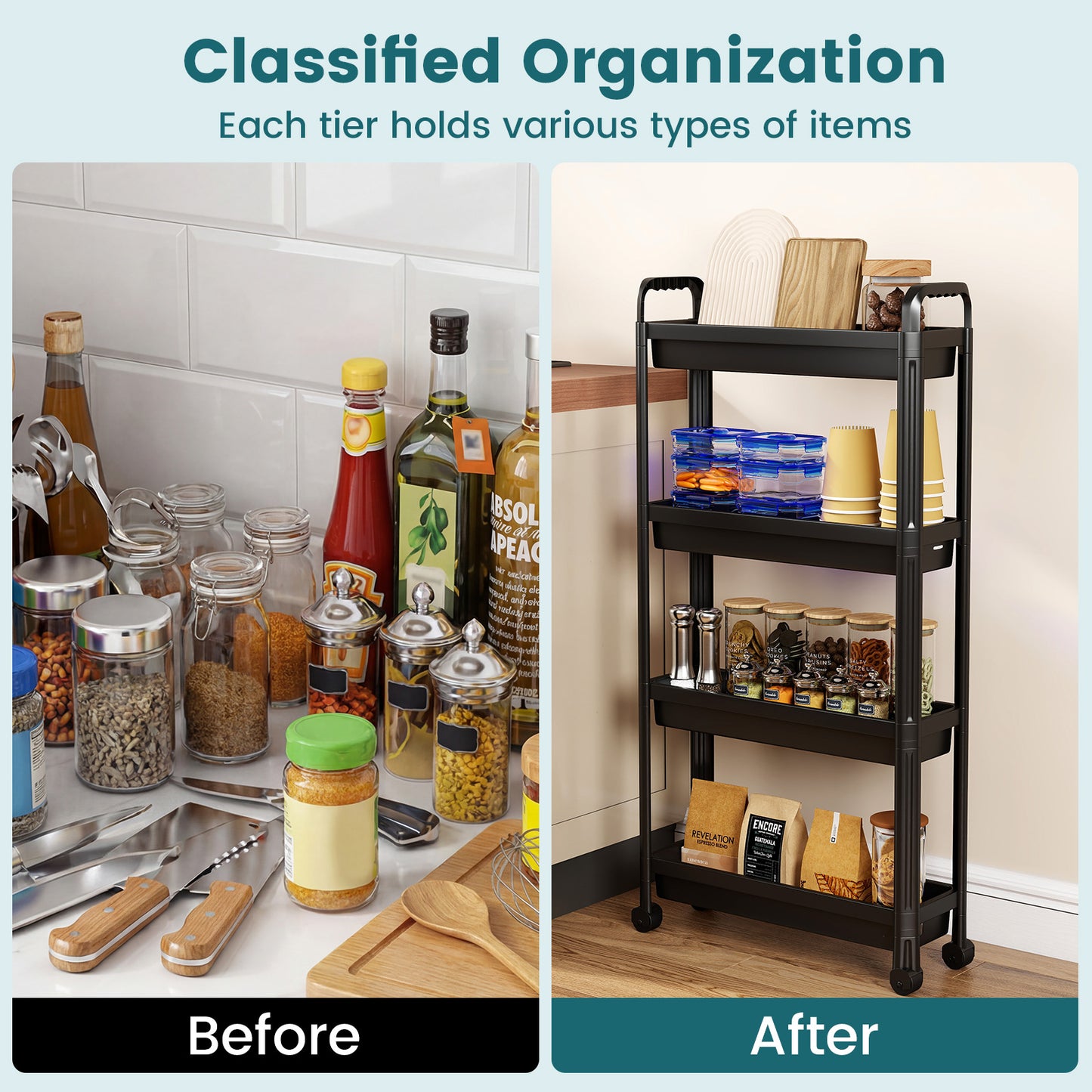 Slim Rolling Storage Cart 4-Tier Bathroom Organizer with Handles-Black
