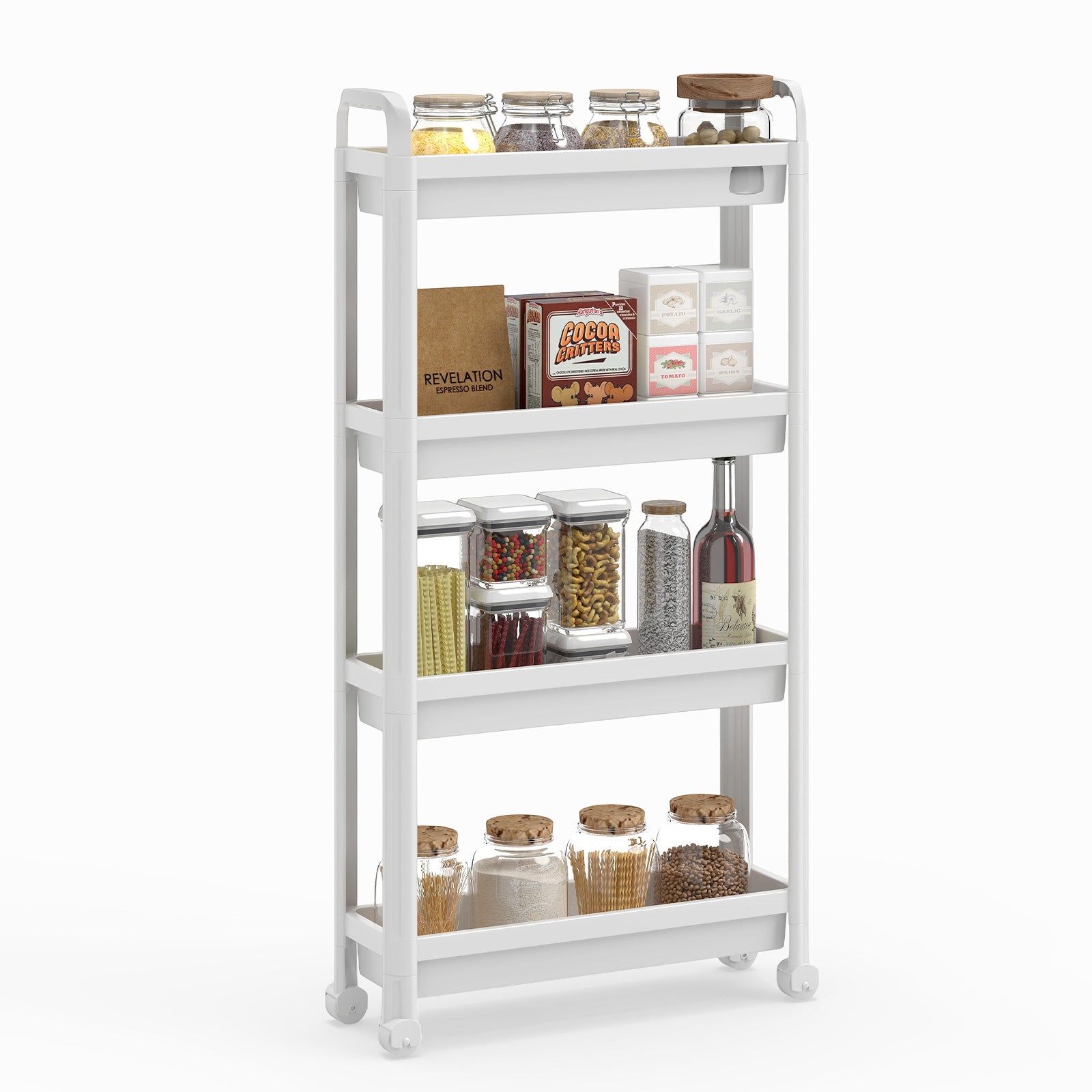 Slim Rolling Storage Cart 4-Tier Bathroom Organizer with Handles-White