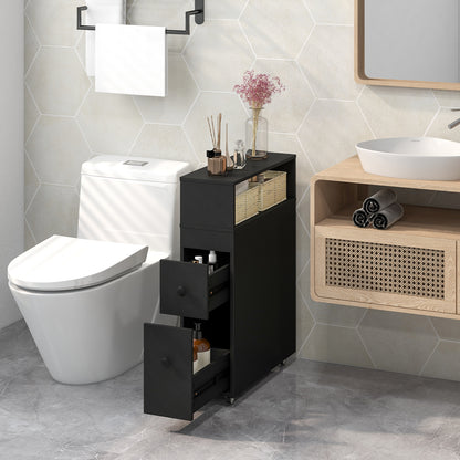 Slim Bathroom Storage Cabinet Movable with 2 Drawers and Baskets-Black