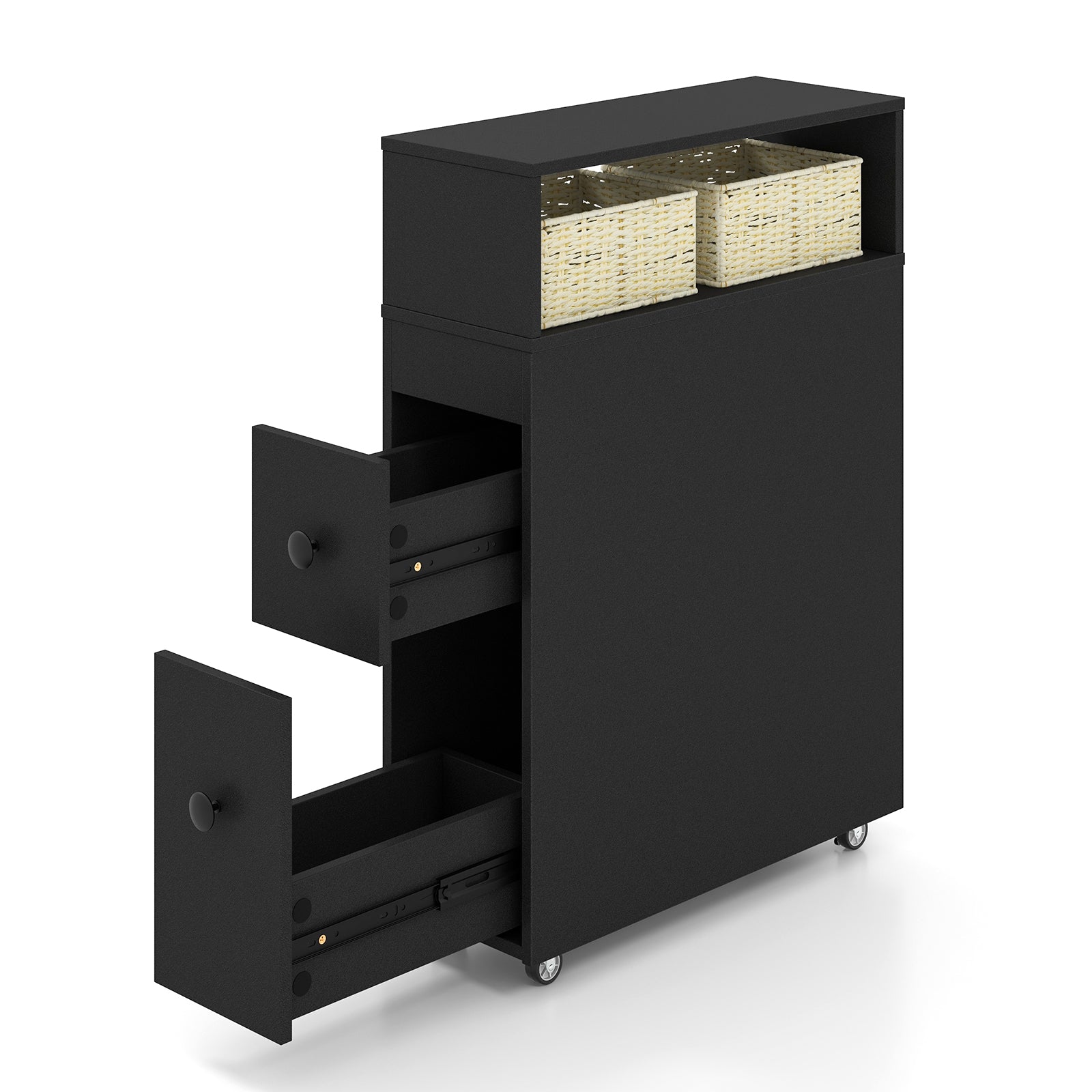 Slim Bathroom Storage Cabinet Movable with 2 Drawers and Baskets-Black