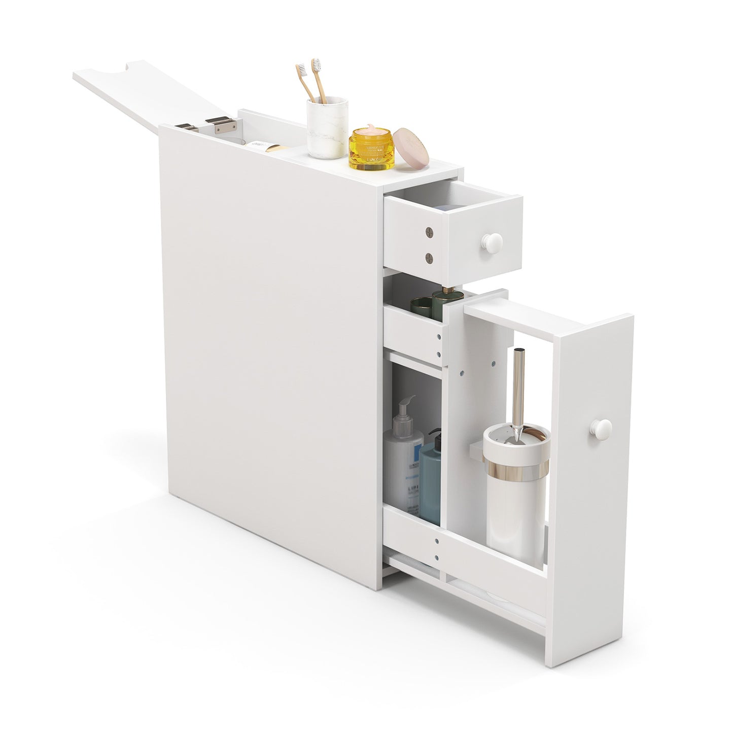 Slim Storage Cabinet with Slide-out Drawers and Flip-open Top Cover-White