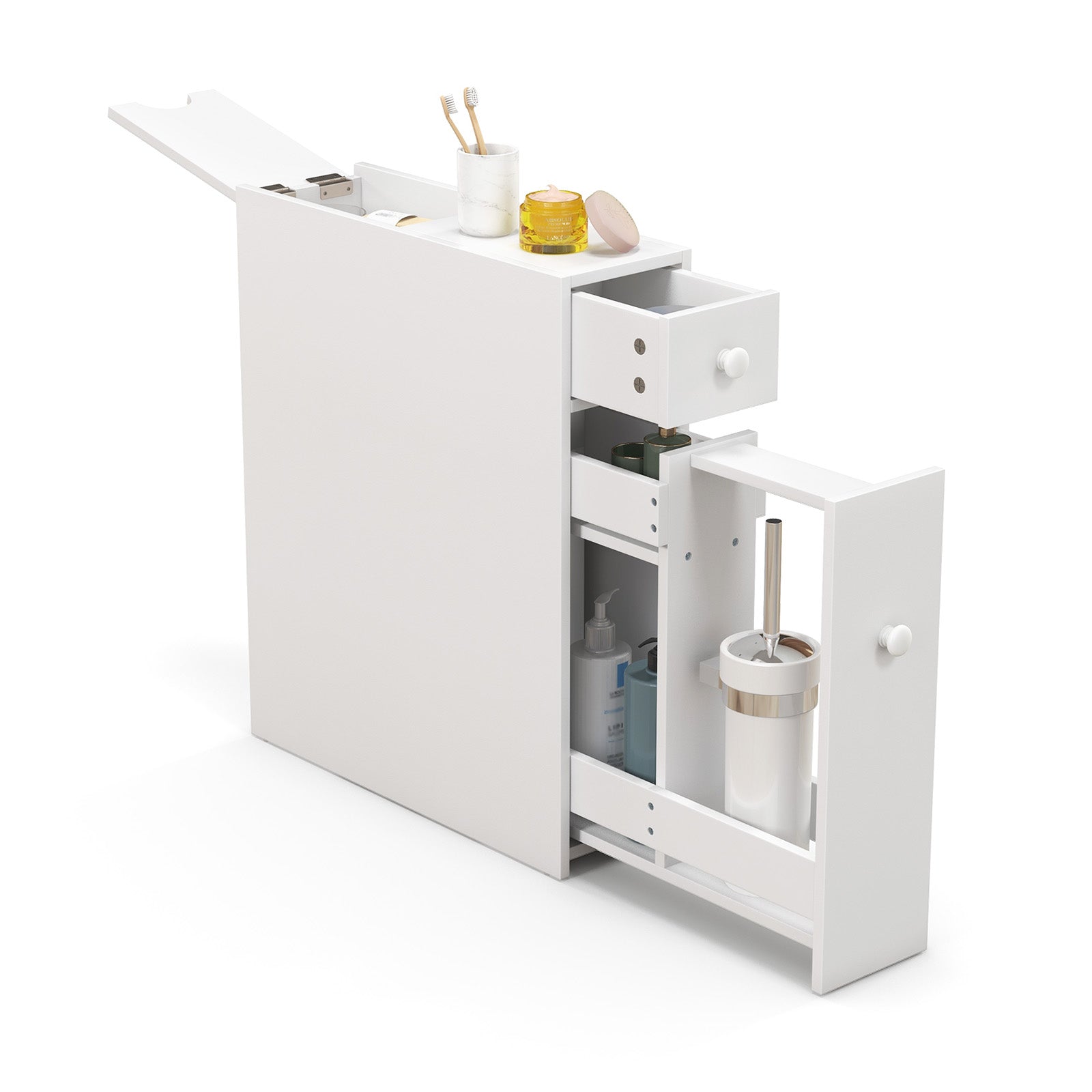 Slim Storage Cabinet with Slide-out Drawers and Flip-open Top Cover-White