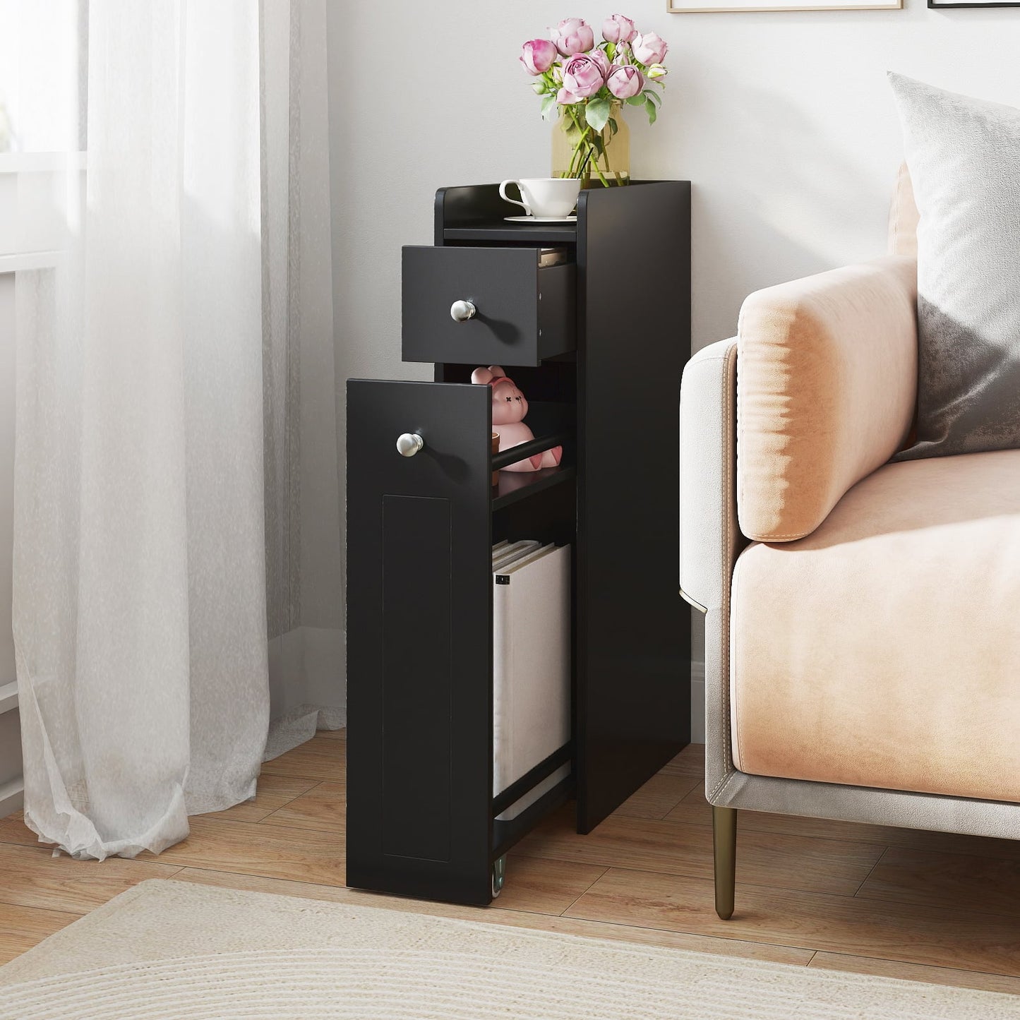 Small Bathroom Storage Cabinet 4-Tier Narrow Toilet Side Storage Cabinet with Slide Out Drawers on Casters-Black