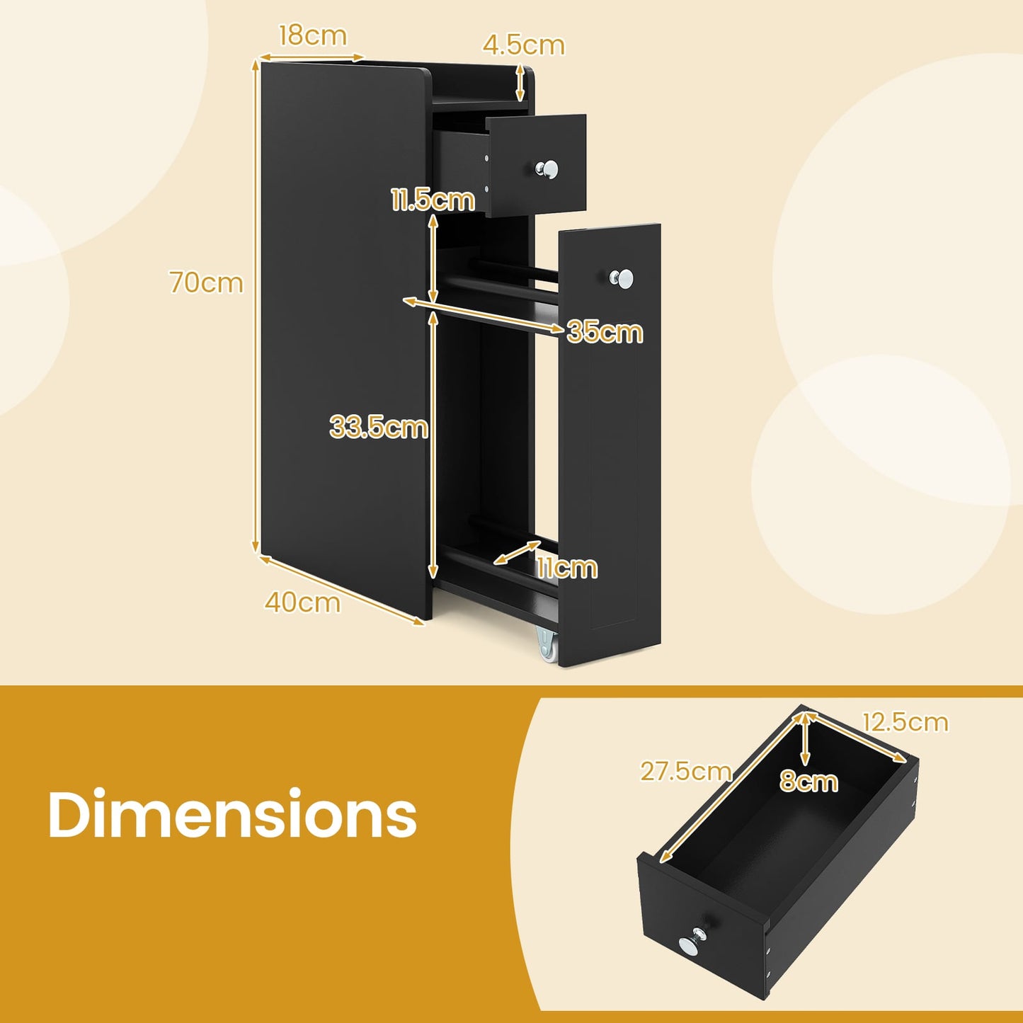 Small Bathroom Storage Cabinet 4-Tier Narrow Toilet Side Storage Cabinet with Slide Out Drawers on Casters-Black