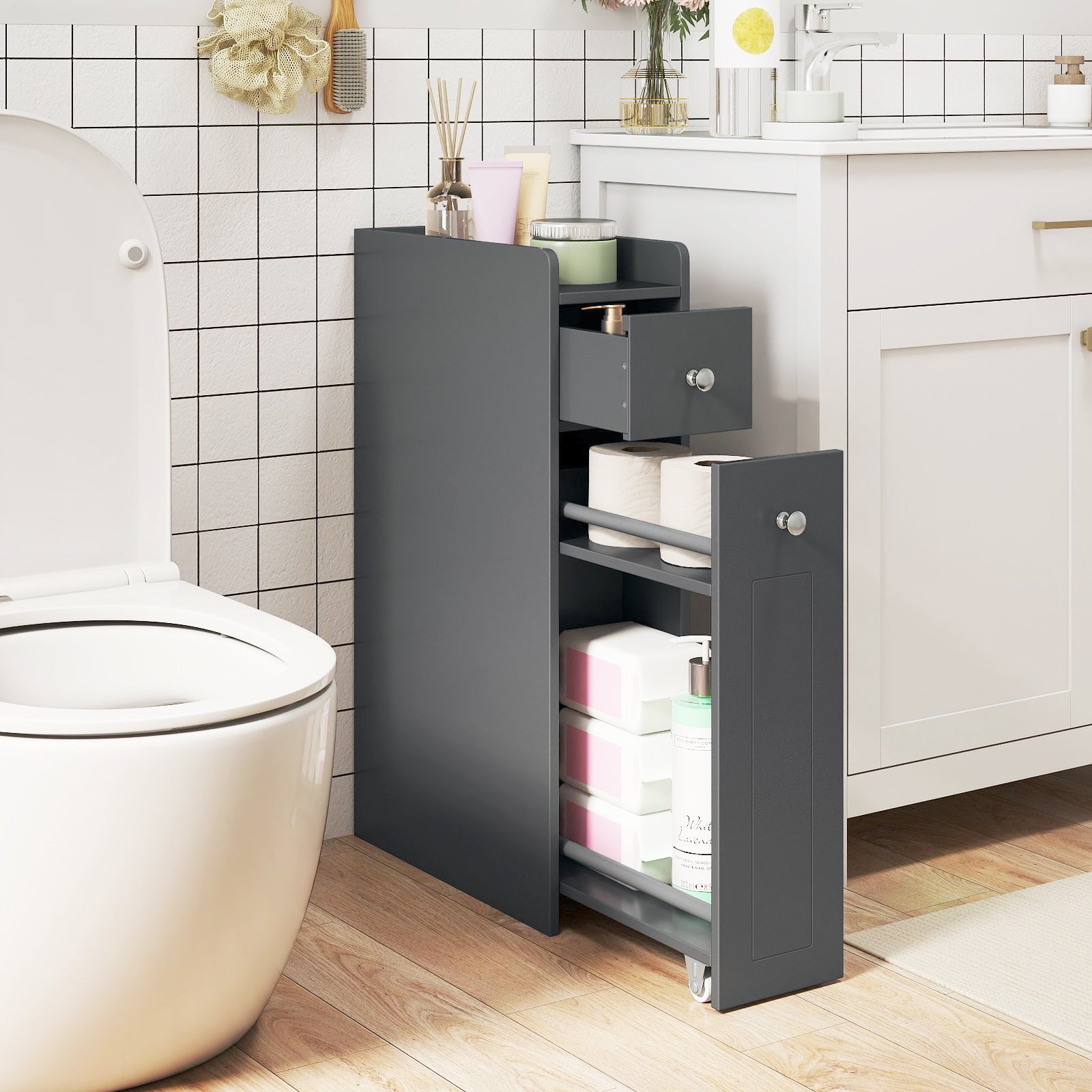 Small Bathroom Storage Cabinet 4-Tier Narrow Toilet Side Storage Cabinet with Slide Out Drawers on Casters-Grey