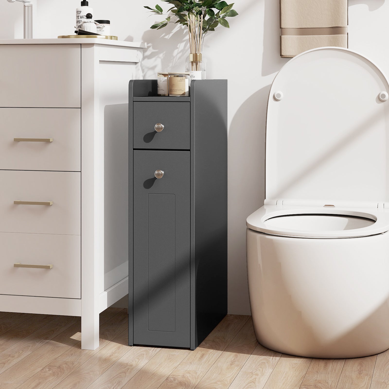 Small Bathroom Storage Cabinet 4-Tier Narrow Toilet Side Storage Cabinet with Slide Out Drawers on Casters-Grey