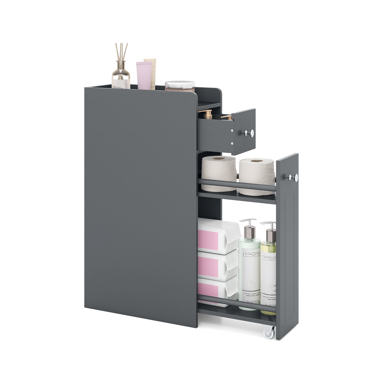 Small Bathroom Storage Cabinet 4-Tier Narrow Toilet Side Storage Cabinet with Slide Out Drawers on Casters-Grey