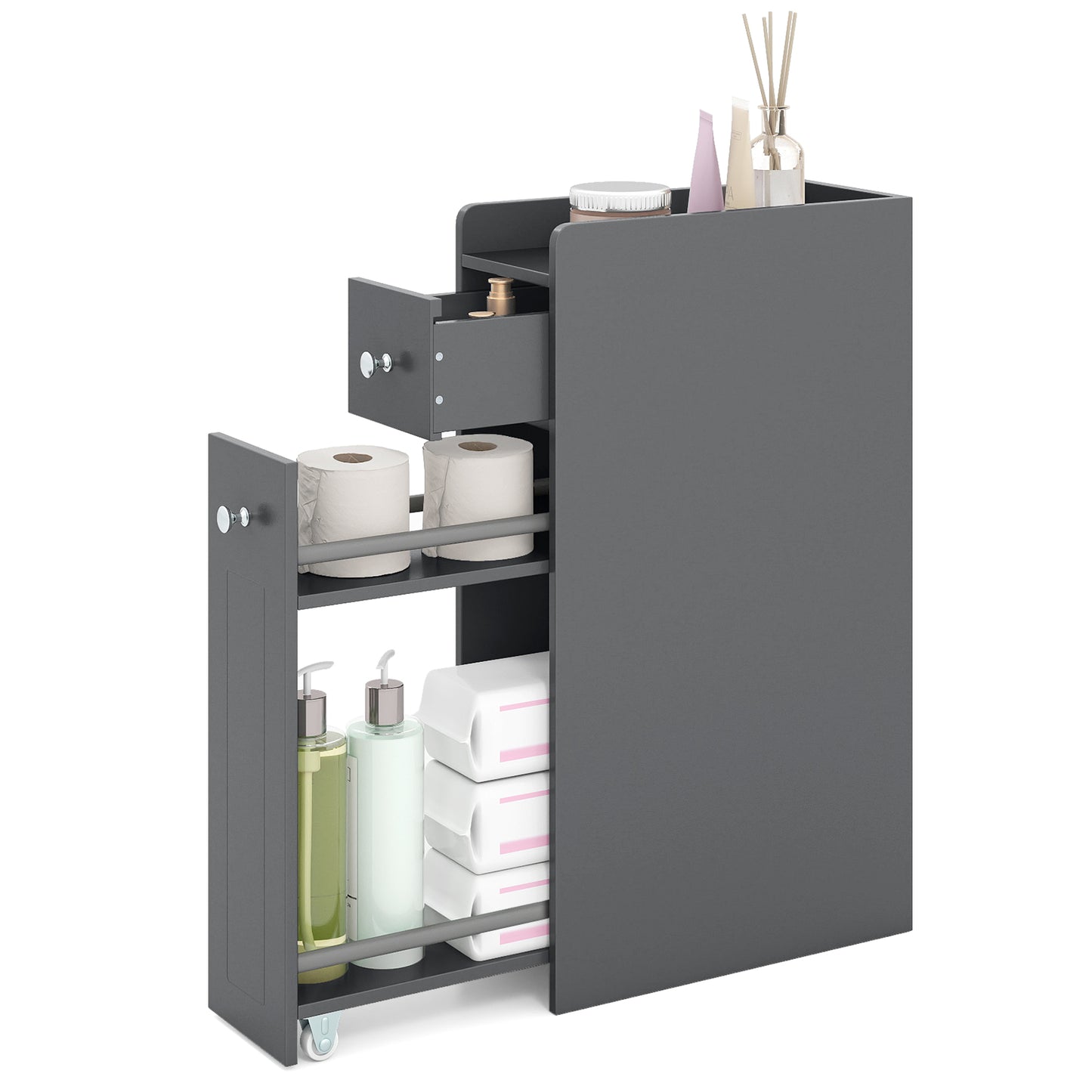 Small Bathroom Storage Cabinet 4-Tier Narrow Toilet Side Storage Cabinet with Slide Out Drawers on Casters-Grey