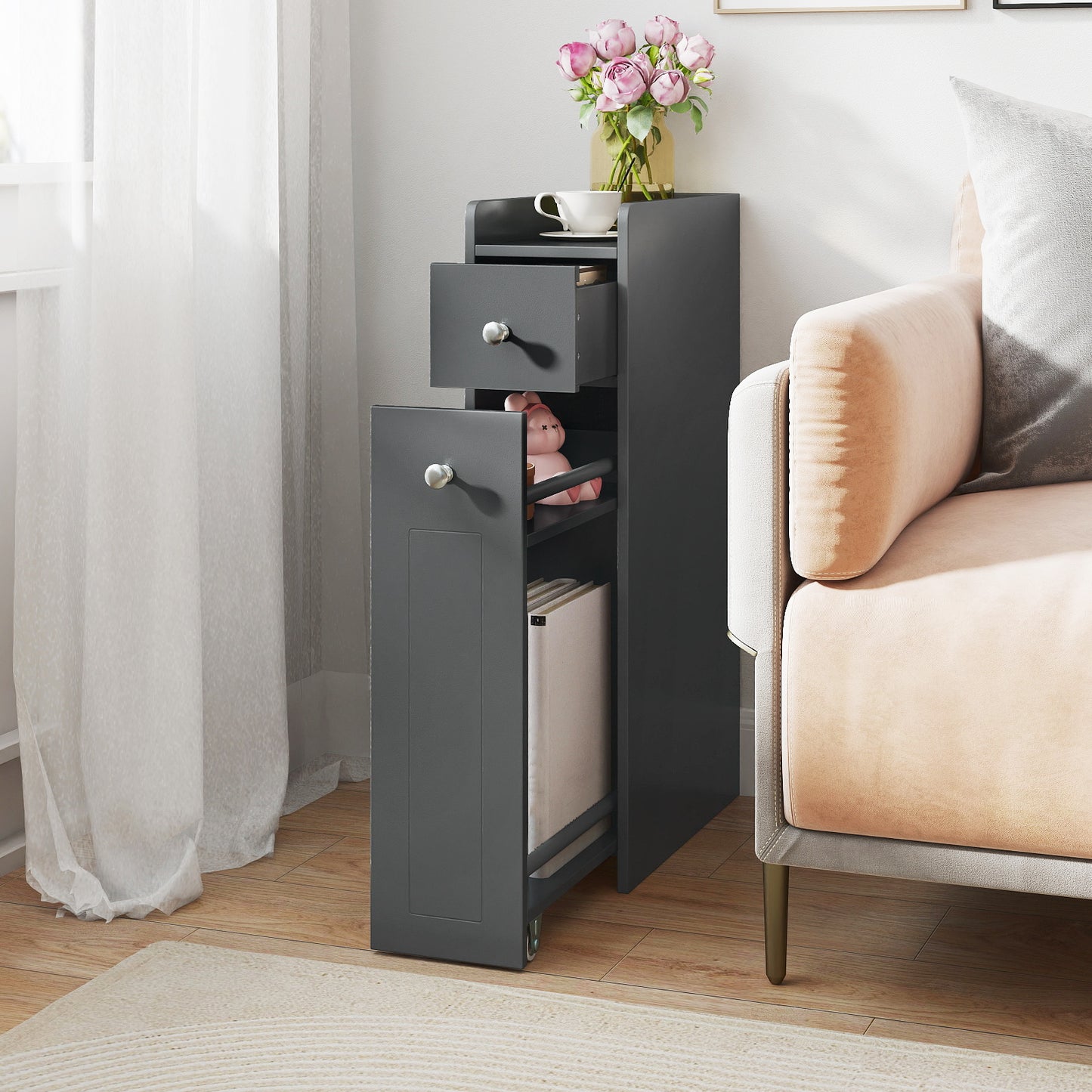 Small Bathroom Storage Cabinet 4-Tier Narrow Toilet Side Storage Cabinet with Slide Out Drawers on Casters-Grey