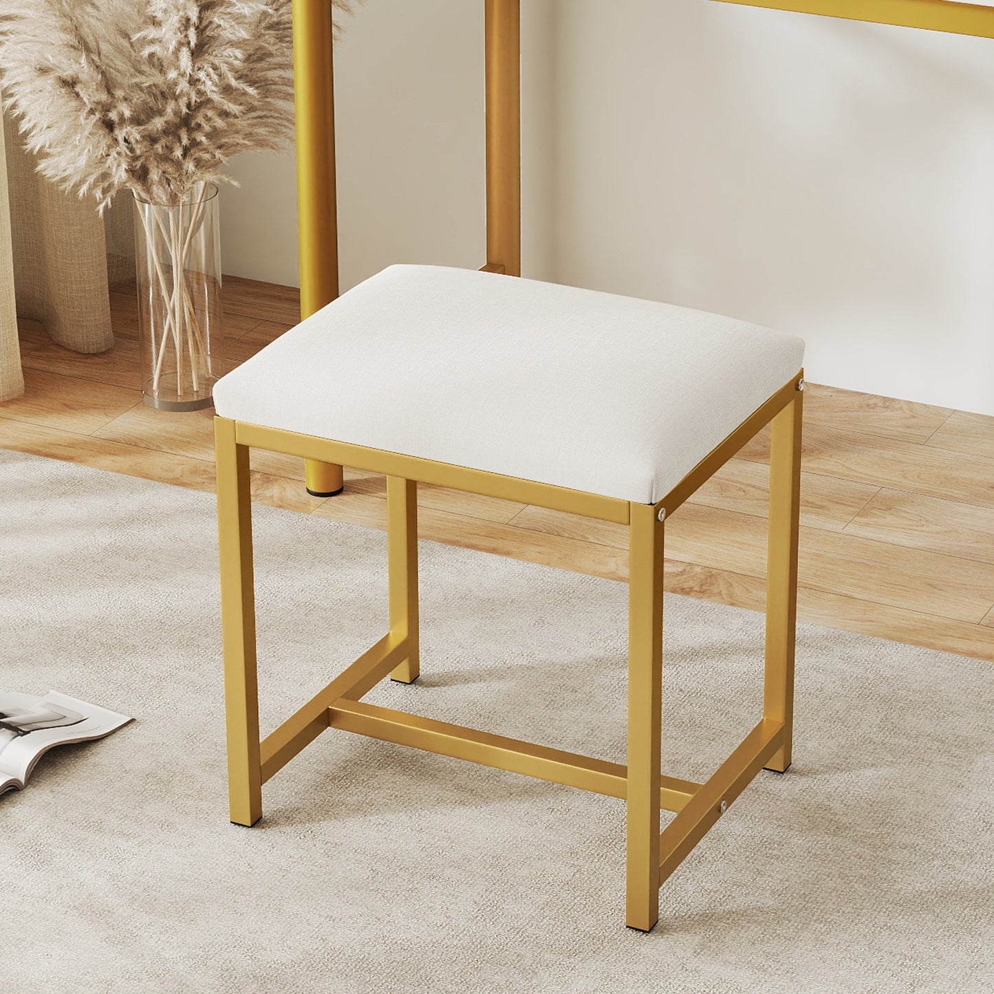 Small Makeup Chair with Soft Padded Cushion and Golden Metal Legs-White & Golden