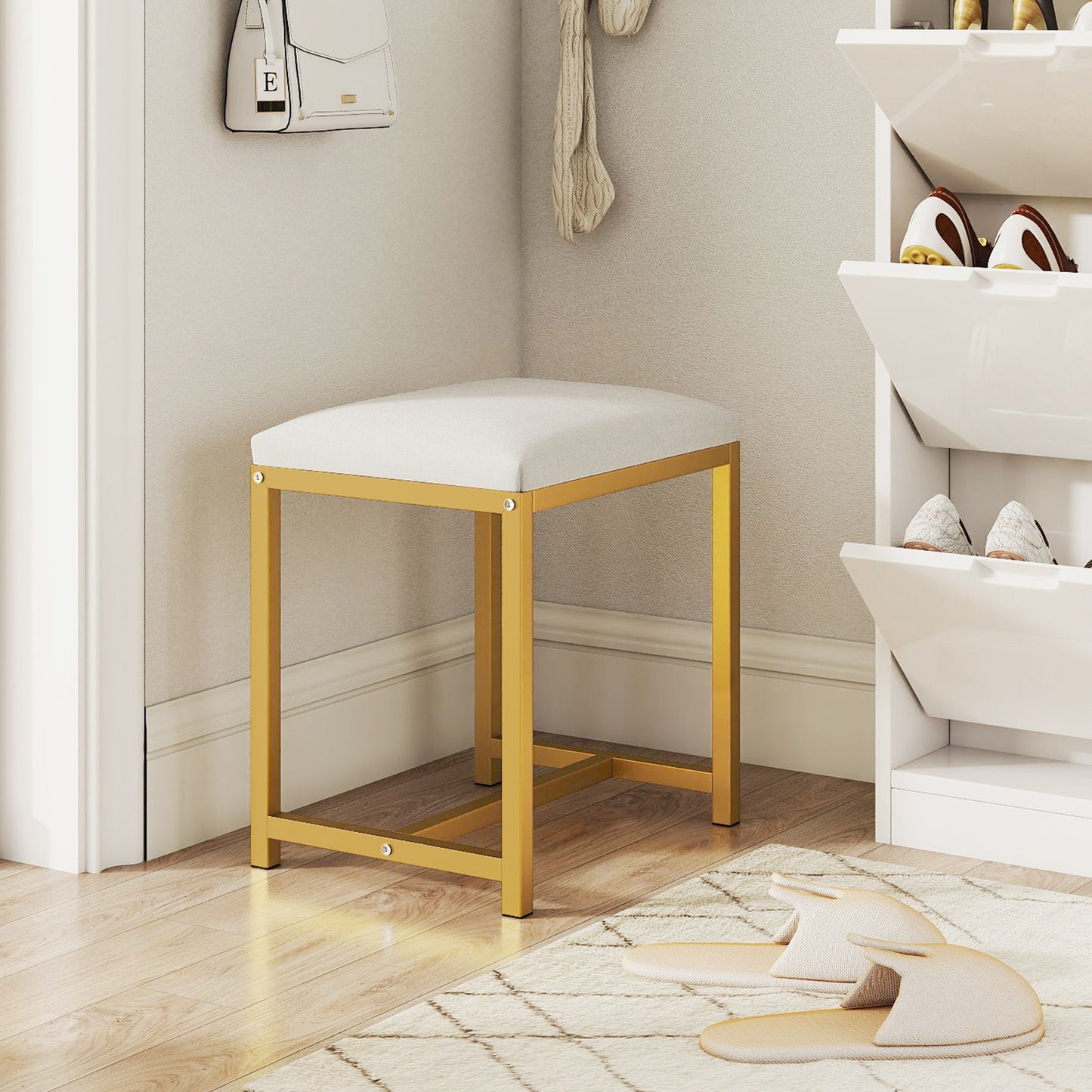 Small Makeup Chair with Soft Padded Cushion and Golden Metal Legs-White & Golden