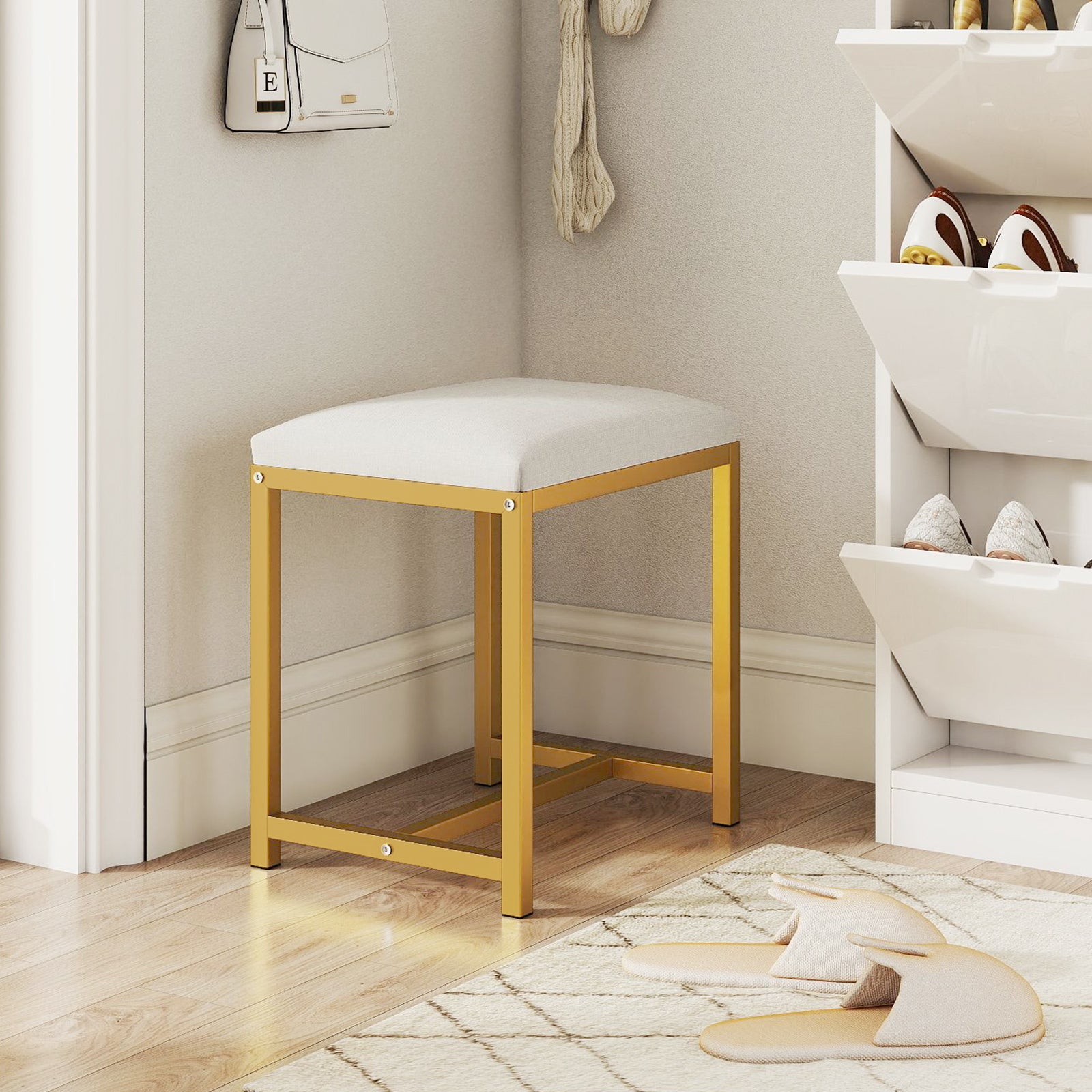 Small Makeup Chair with Soft Padded Cushion and Golden Metal Legs-White & Golden